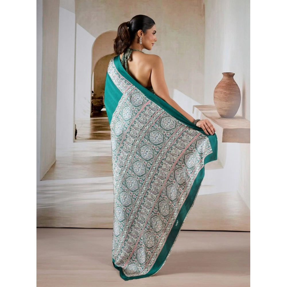 Generic Women's Satin Crepe Printed Saree With Unstitched Blouse 5.5Mtr (Green) - VANSHELLE