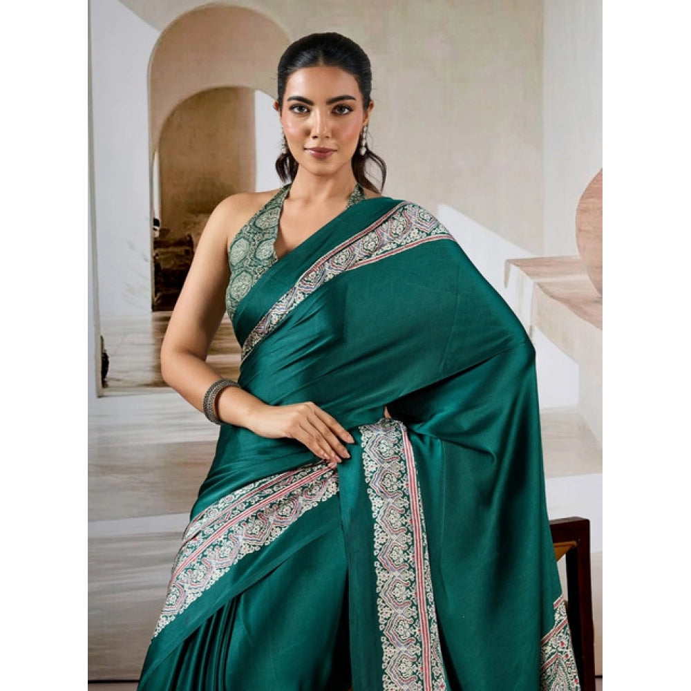 Generic Women's Satin Crepe Printed Saree With Unstitched Blouse 5.5Mtr (Green) - VANSHELLE