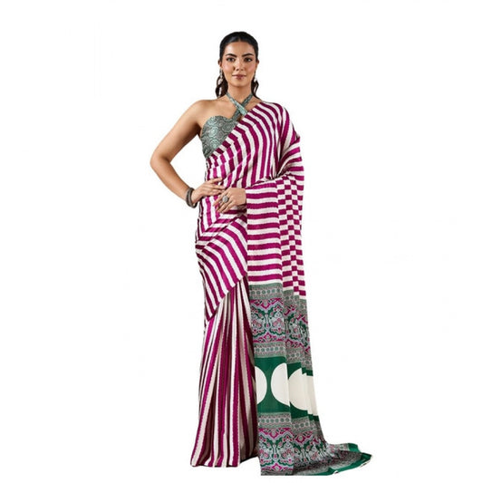 Generic Women's Satin Crepe Printed Saree With Unstitched Blouse 5.5Mtr (Magenta) - VANSHELLE
