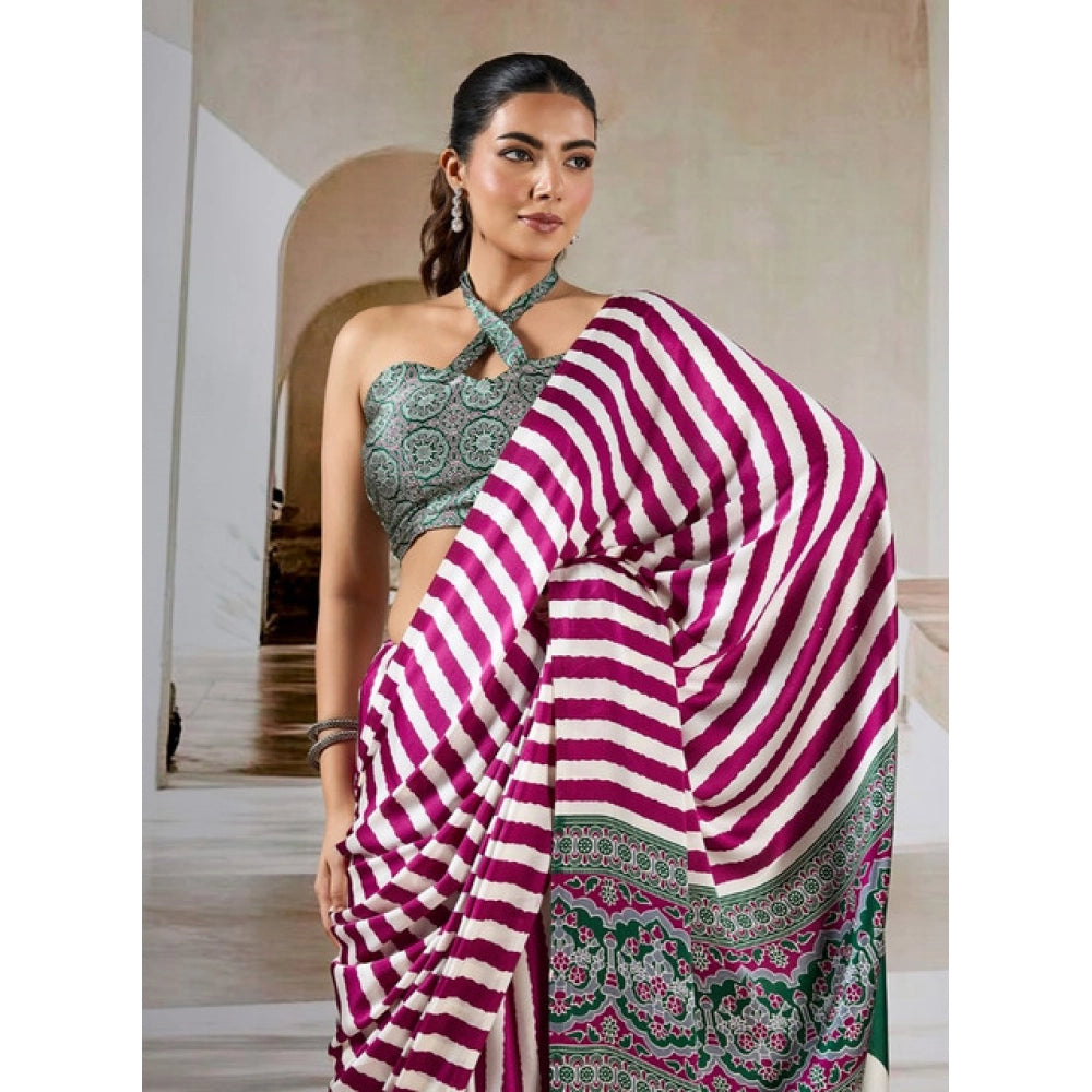 Generic Women's Satin Crepe Printed Saree With Unstitched Blouse 5.5Mtr (Magenta) - VANSHELLE