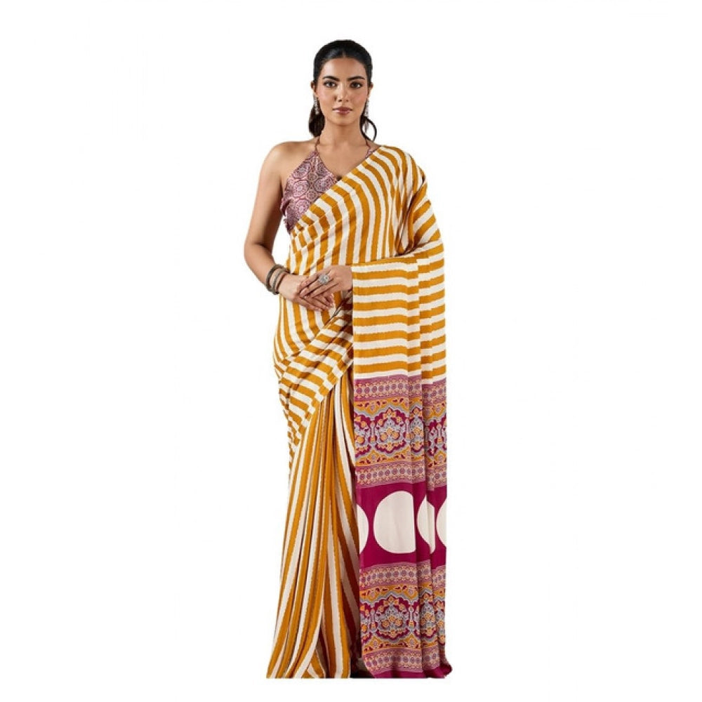 Generic Women's Satin Crepe Printed Saree With Unstitched Blouse 5.5Mtr (Mustard) - VANSHELLE