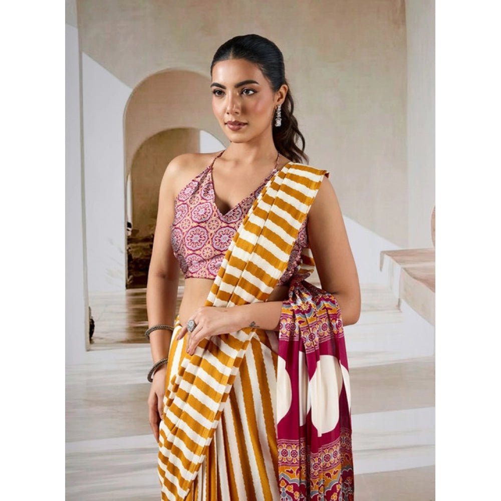 Generic Women's Satin Crepe Printed Saree With Unstitched Blouse 5.5Mtr (Mustard) - VANSHELLE