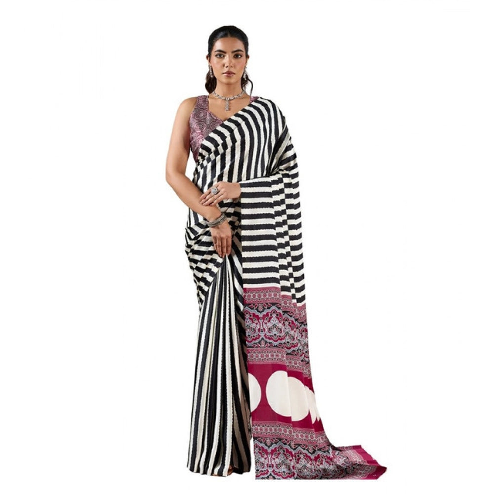 Generic Women's Satin Crepe Printed Saree With Unstitched Blouse 5.5Mtr (Black) - VANSHELLE