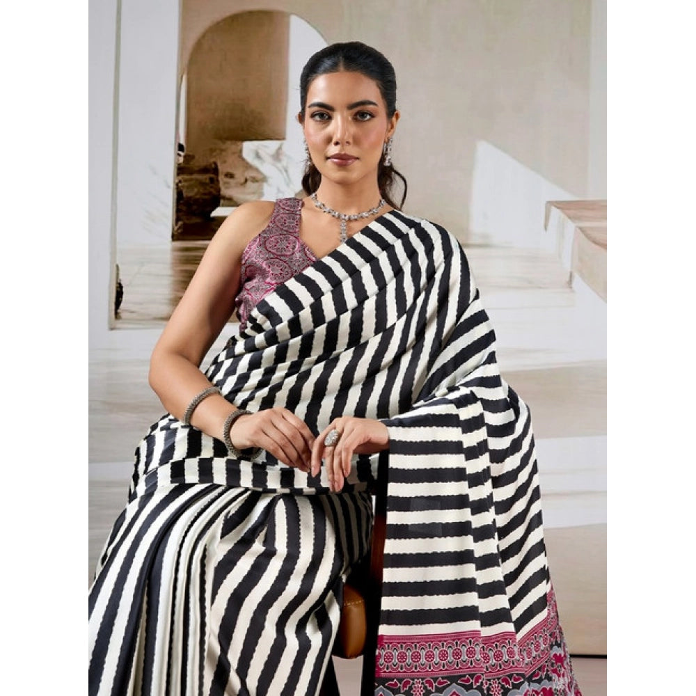 Generic Women's Satin Crepe Printed Saree With Unstitched Blouse 5.5Mtr (Black) - VANSHELLE