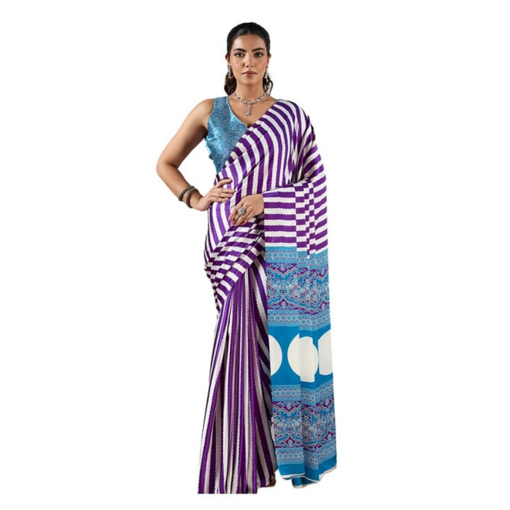 Generic Women's Satin Crepe Printed Saree With Unstitched Blouse 5.5Mtr (Purple) - VANSHELLE
