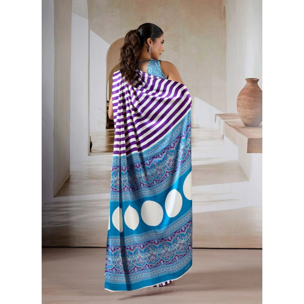 Generic Women's Satin Crepe Printed Saree With Unstitched Blouse 5.5Mtr (Purple) - VANSHELLE