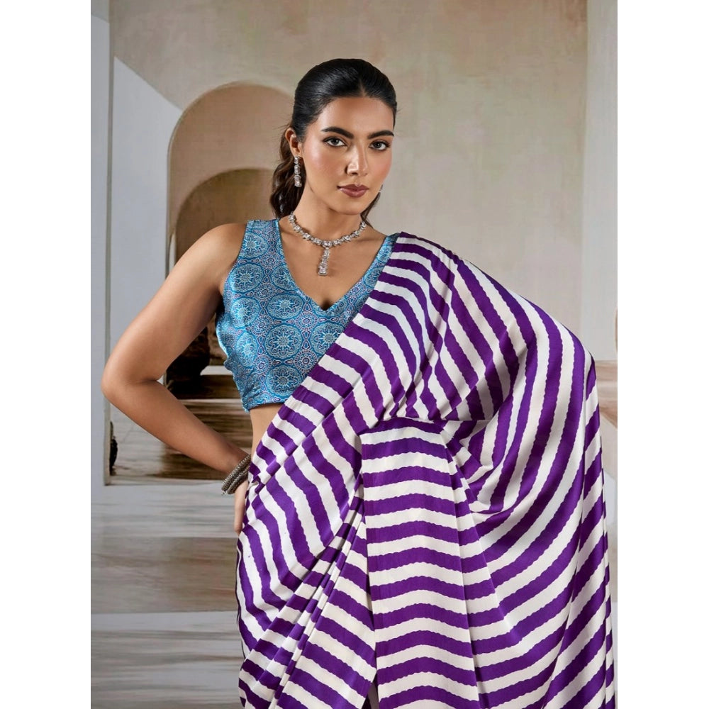 Generic Women's Satin Crepe Printed Saree With Unstitched Blouse 5.5Mtr (Purple) - VANSHELLE