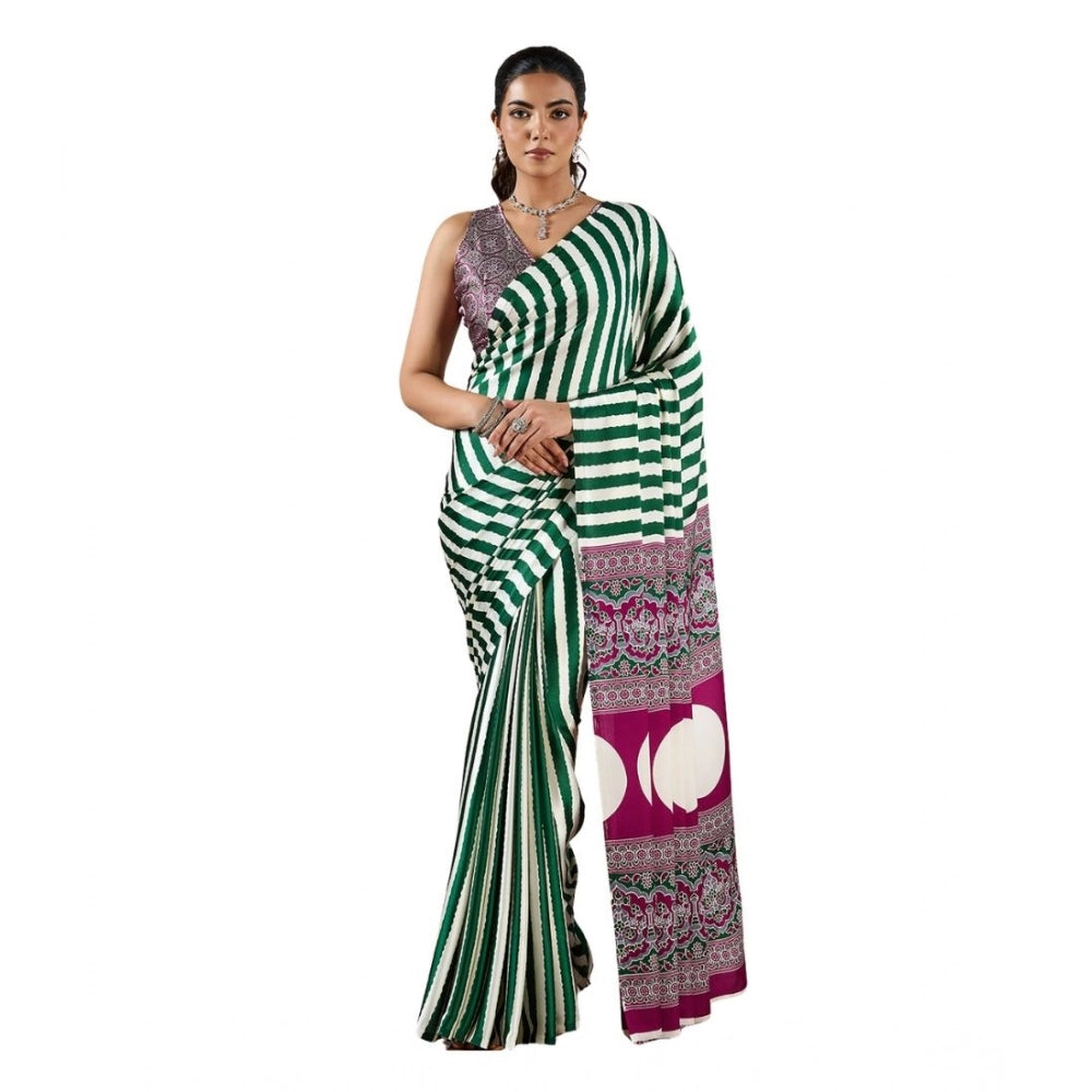 Generic Women's Satin Crepe Printed Saree With Unstitched Blouse 5.5Mtr (Green) - VANSHELLE