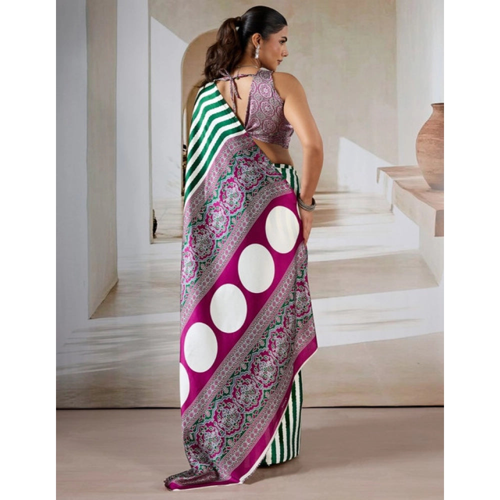Generic Women's Satin Crepe Printed Saree With Unstitched Blouse 5.5Mtr (Green) - VANSHELLE