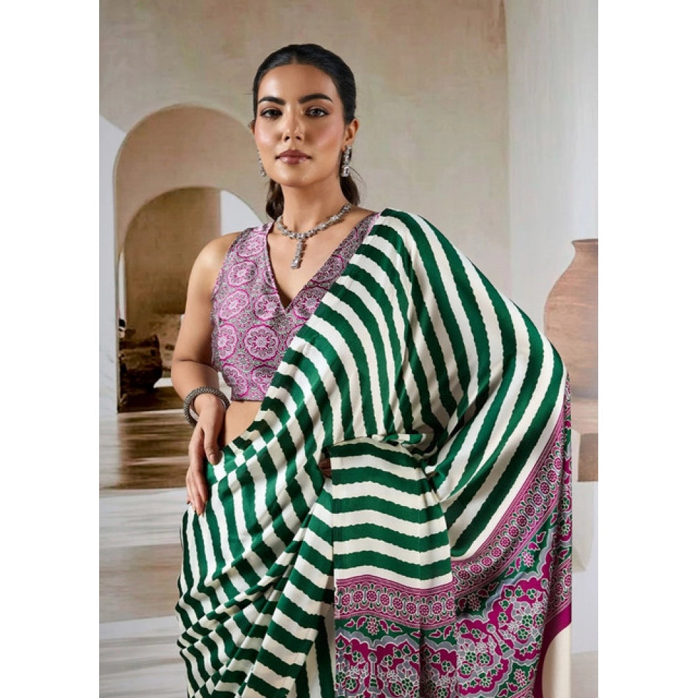 Generic Women's Satin Crepe Printed Saree With Unstitched Blouse 5.5Mtr (Green) - VANSHELLE