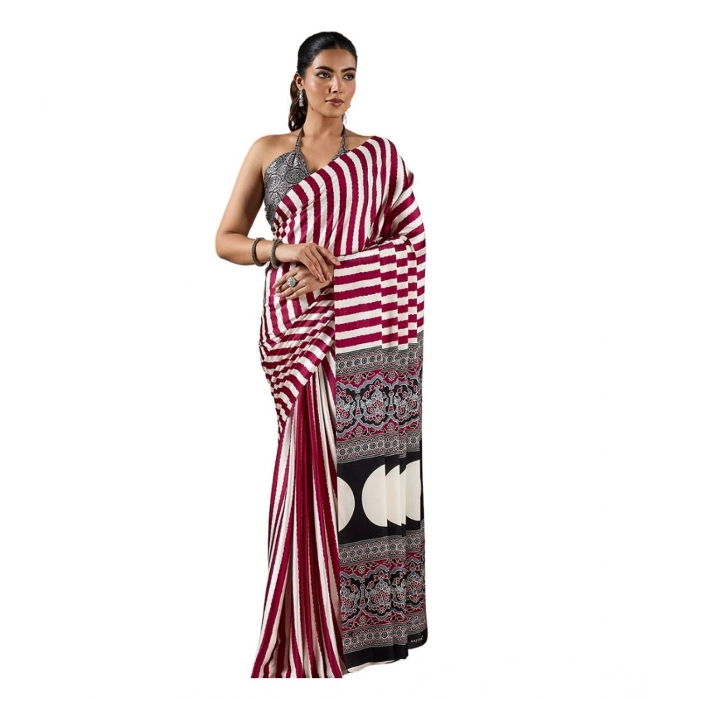Generic Women's Satin Crepe Printed Saree With Unstitched Blouse 5.5Mtr (Maroon) - VANSHELLE