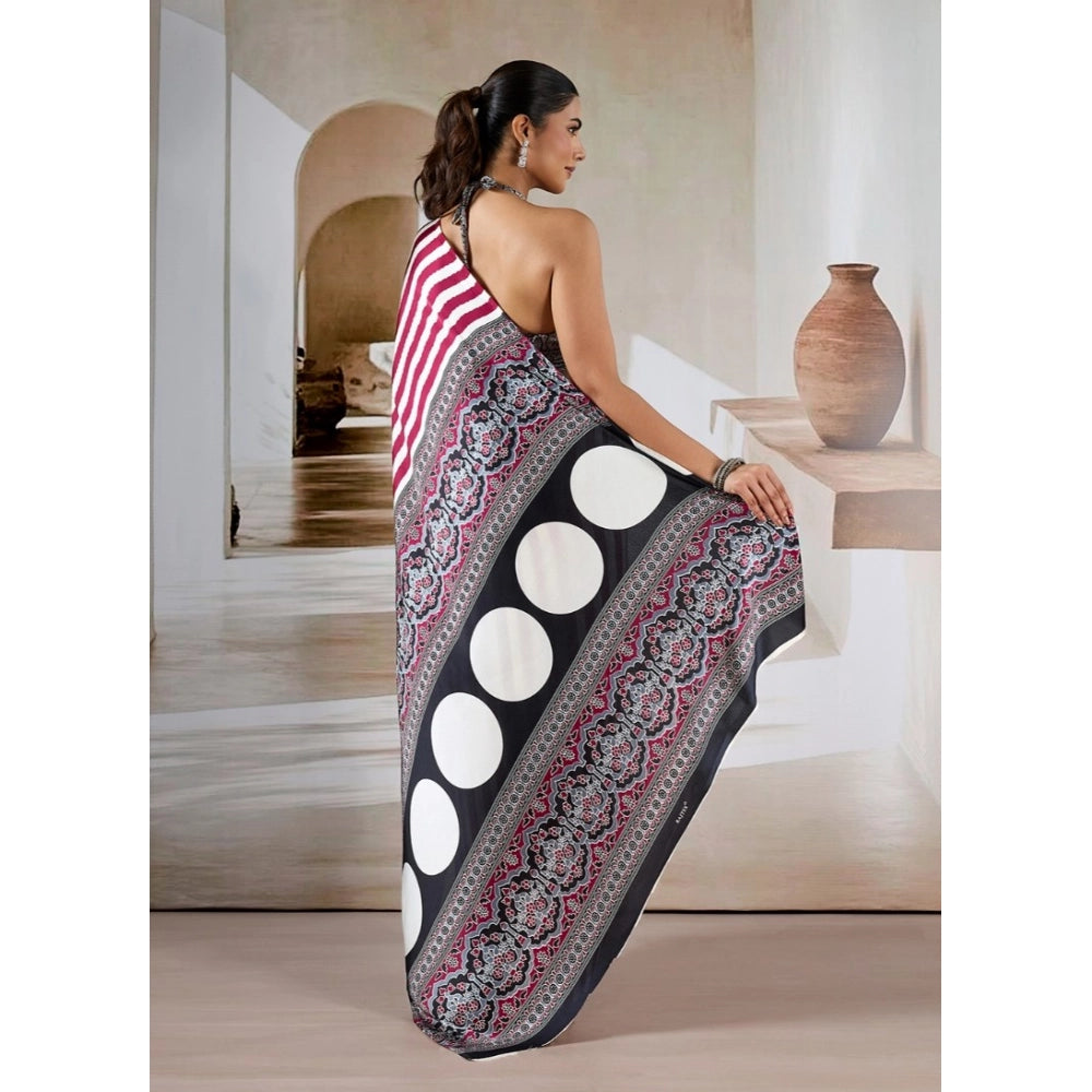Generic Women's Satin Crepe Printed Saree With Unstitched Blouse 5.5Mtr (Maroon) - VANSHELLE