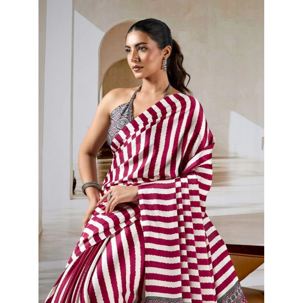 Generic Women's Satin Crepe Printed Saree With Unstitched Blouse 5.5Mtr (Maroon) - VANSHELLE