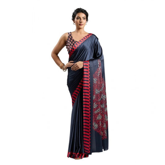 Generic Women's Satin Crepe Printed Saree With Unstitched Blouse 5.5Mtr (Navy Blue) - VANSHELLE