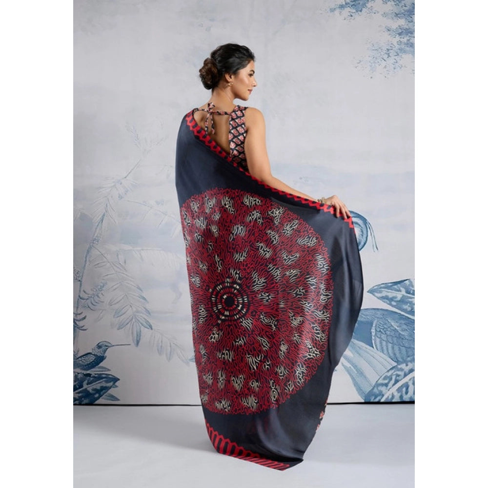 Generic Women's Satin Crepe Printed Saree With Unstitched Blouse 5.5Mtr (Navy Blue) - VANSHELLE