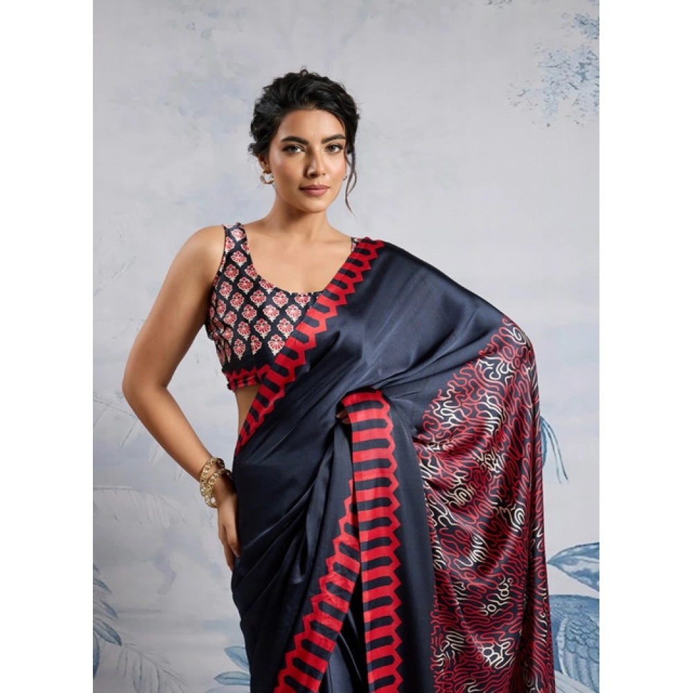 Generic Women's Satin Crepe Printed Saree With Unstitched Blouse 5.5Mtr (Navy Blue) - VANSHELLE