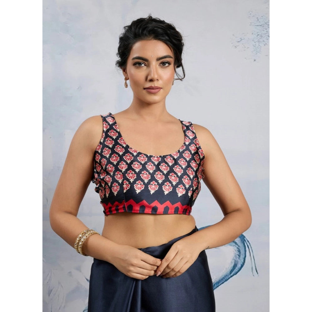 Generic Women's Satin Crepe Printed Saree With Unstitched Blouse 5.5Mtr (Navy Blue) - VANSHELLE