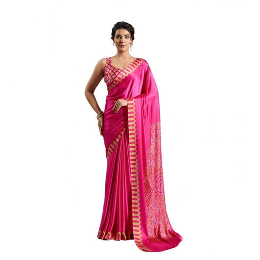 Generic Women's Satin Crepe Printed Saree With Unstitched Blouse 5.5Mtr (Pink) - VANSHELLE