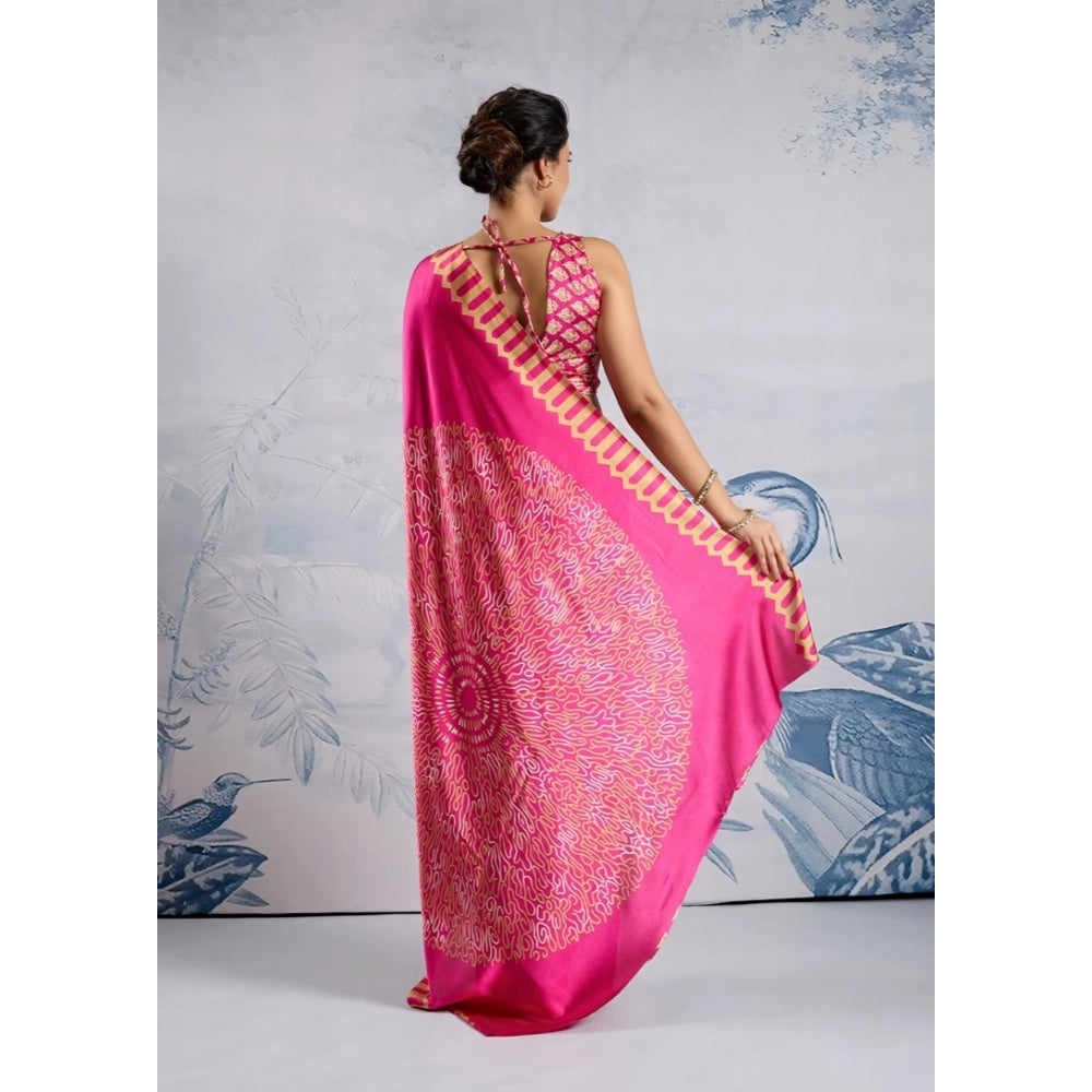 Generic Women's Satin Crepe Printed Saree With Unstitched Blouse 5.5Mtr (Pink) - VANSHELLE