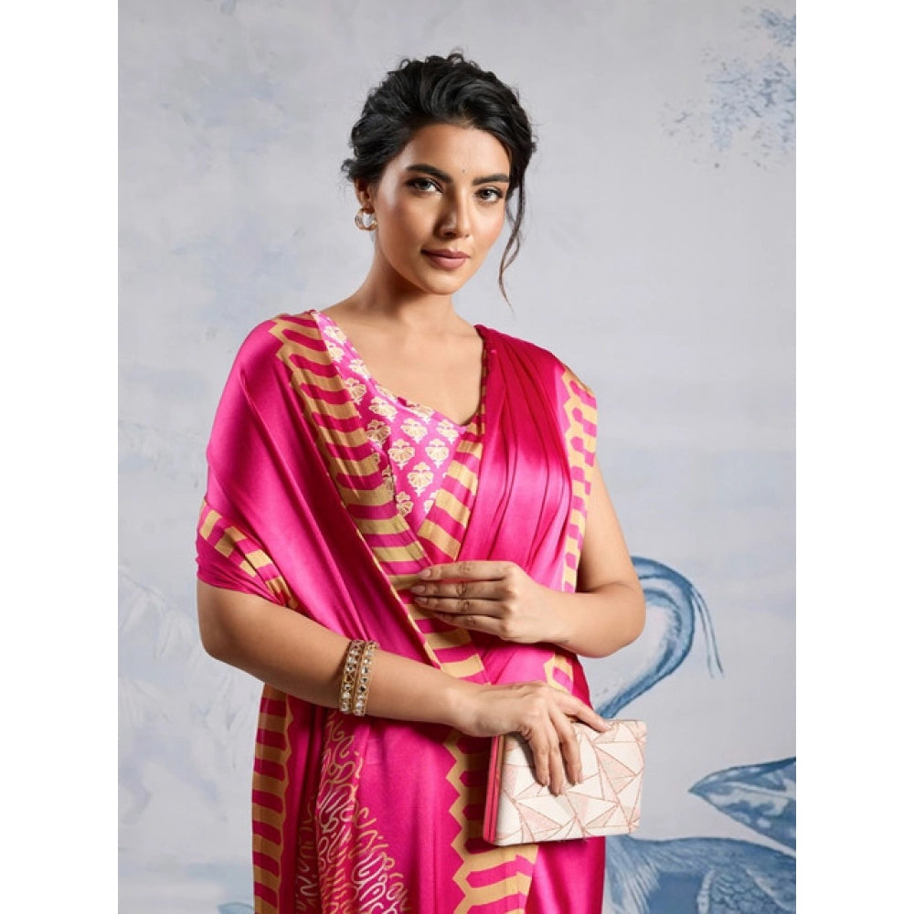 Generic Women's Satin Crepe Printed Saree With Unstitched Blouse 5.5Mtr (Pink) - VANSHELLE