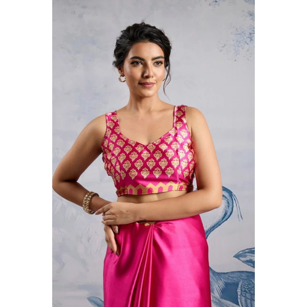 Generic Women's Satin Crepe Printed Saree With Unstitched Blouse 5.5Mtr (Pink) - VANSHELLE