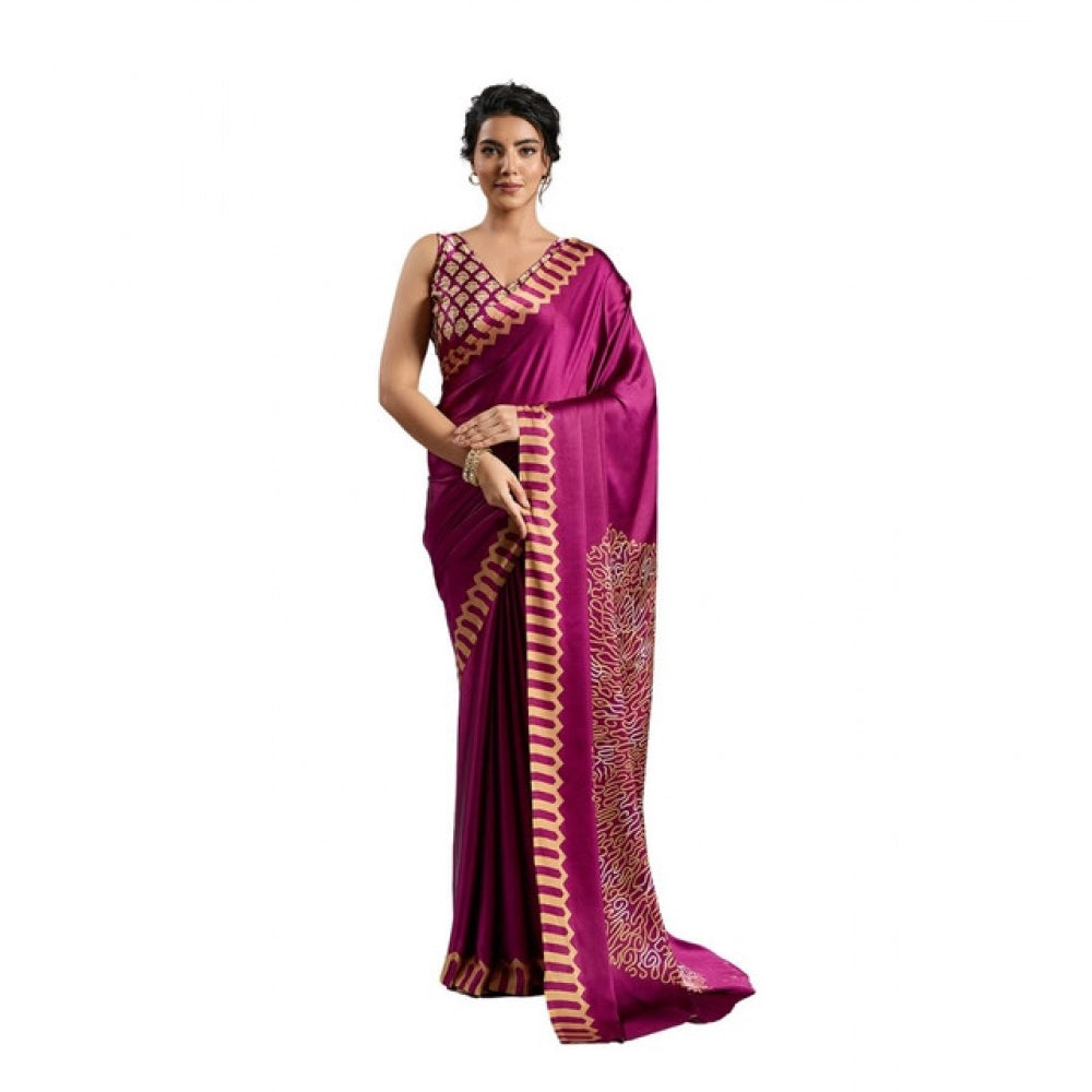 Generic Women's Satin Crepe Printed Saree With Unstitched Blouse 5.5Mtr (Purple) - VANSHELLE