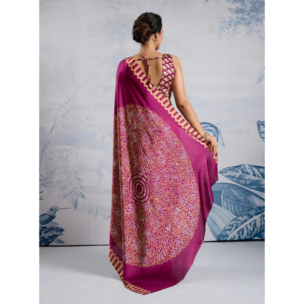 Generic Women's Satin Crepe Printed Saree With Unstitched Blouse 5.5Mtr (Purple) - VANSHELLE