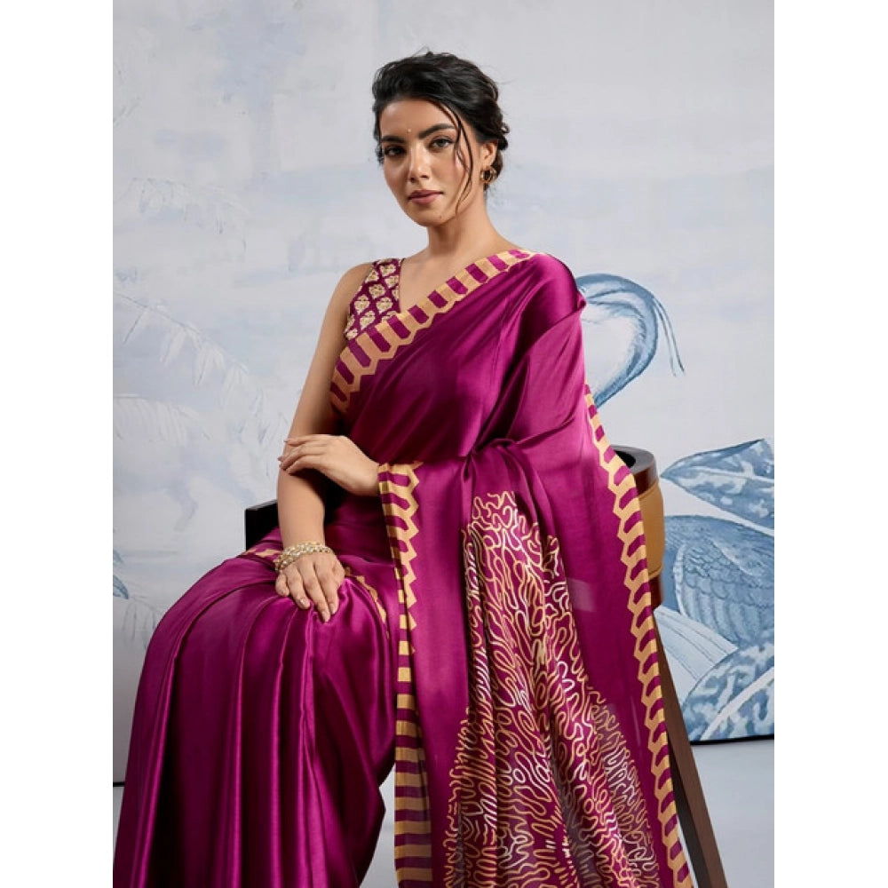 Generic Women's Satin Crepe Printed Saree With Unstitched Blouse 5.5Mtr (Purple) - VANSHELLE