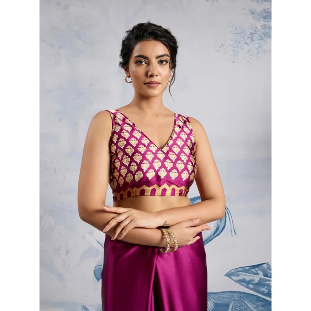 Generic Women's Satin Crepe Printed Saree With Unstitched Blouse 5.5Mtr (Purple) - VANSHELLE