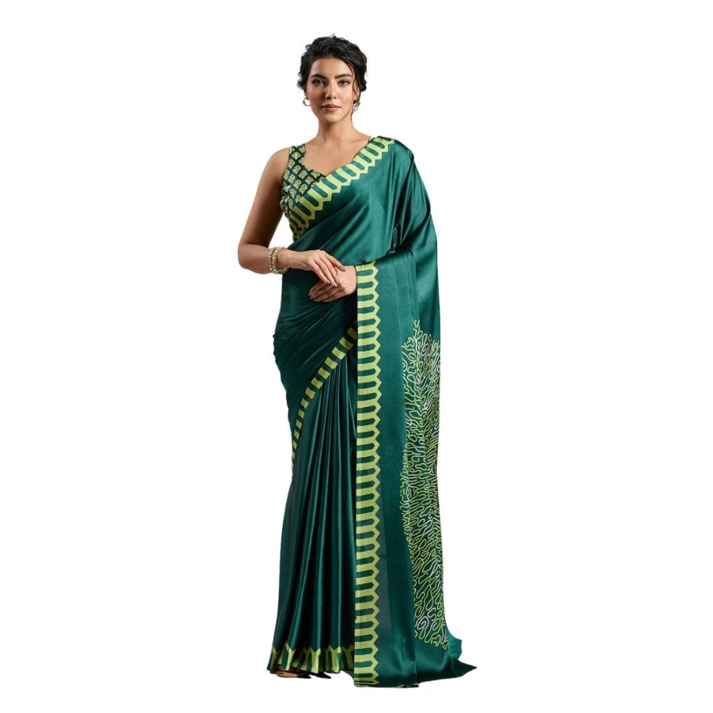 Generic Women's Satin Crepe Printed Saree With Unstitched Blouse 5.5Mtr (Green) - VANSHELLE