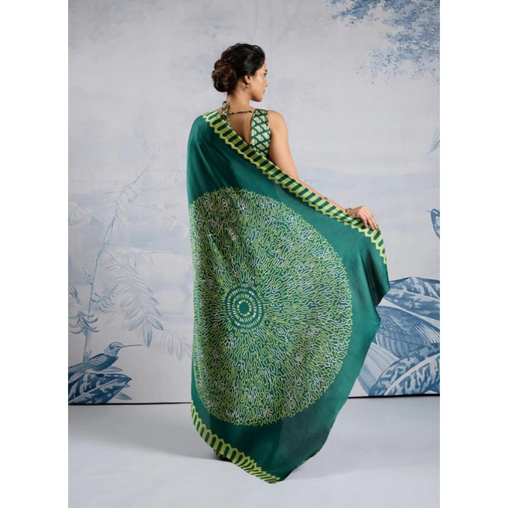 Generic Women's Satin Crepe Printed Saree With Unstitched Blouse 5.5Mtr (Green) - VANSHELLE