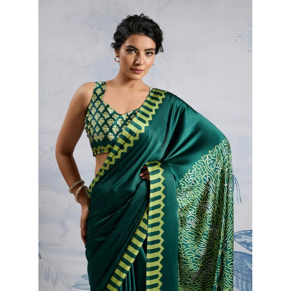 Generic Women's Satin Crepe Printed Saree With Unstitched Blouse 5.5Mtr (Green) - VANSHELLE