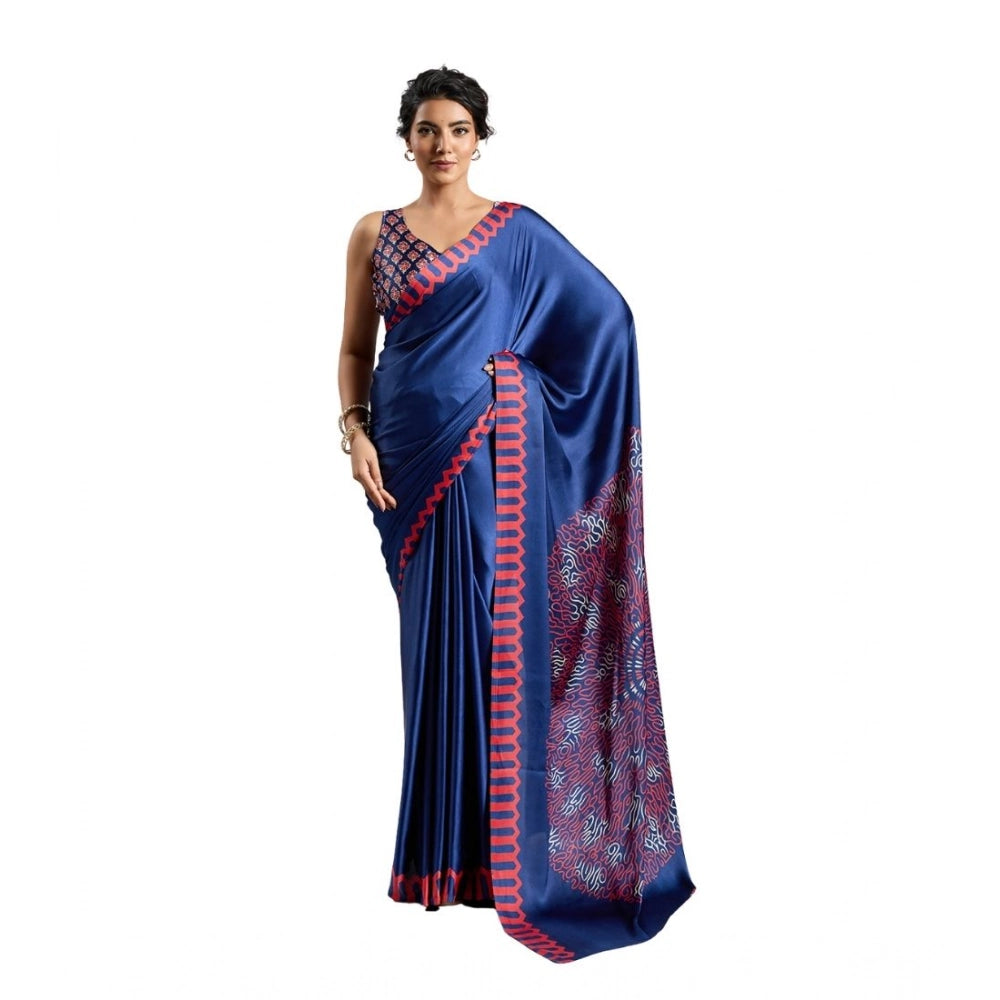 Generic Women's Satin Crepe Printed Saree With Unstitched Blouse 5.5Mtr (Blue) - VANSHELLE