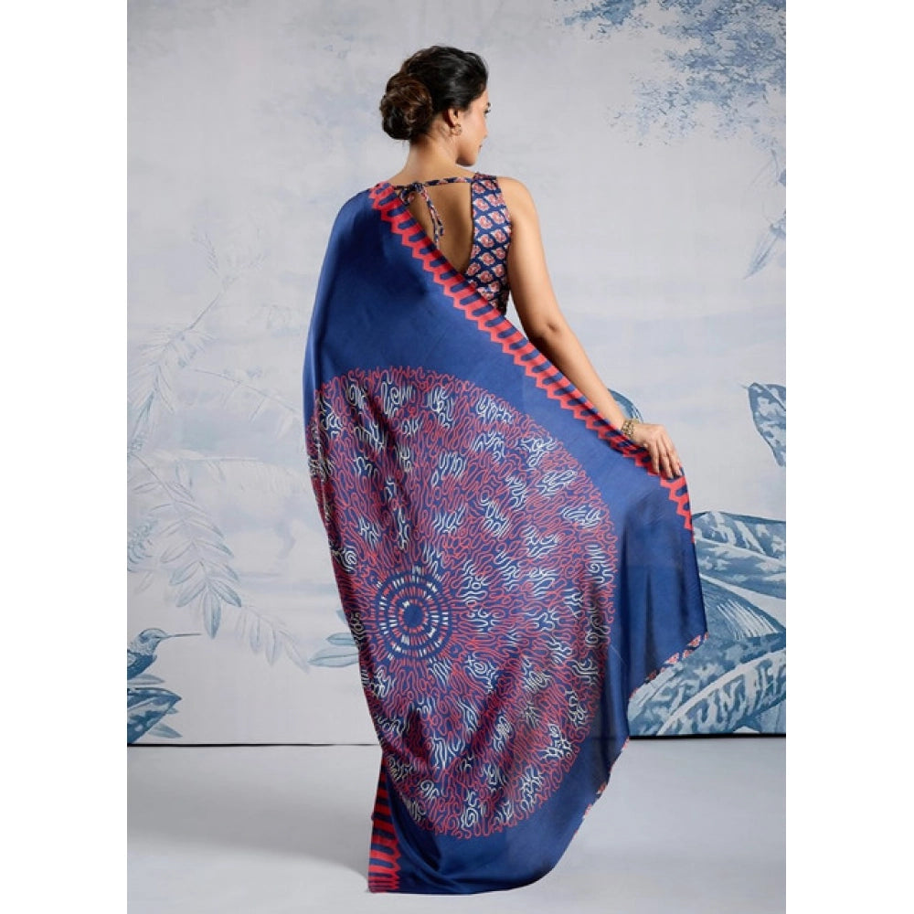 Generic Women's Satin Crepe Printed Saree With Unstitched Blouse 5.5Mtr (Blue) - VANSHELLE