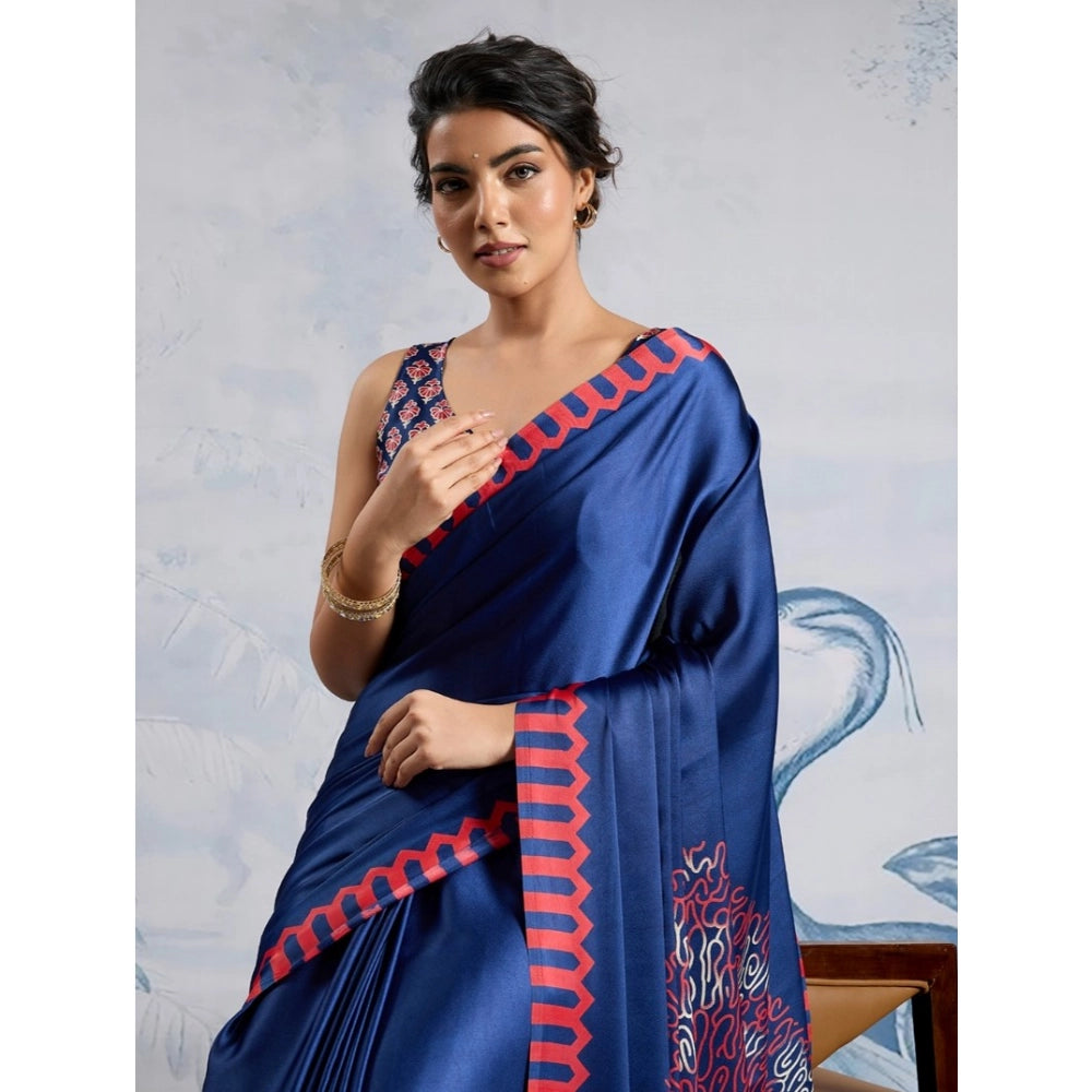 Generic Women's Satin Crepe Printed Saree With Unstitched Blouse 5.5Mtr (Blue) - VANSHELLE