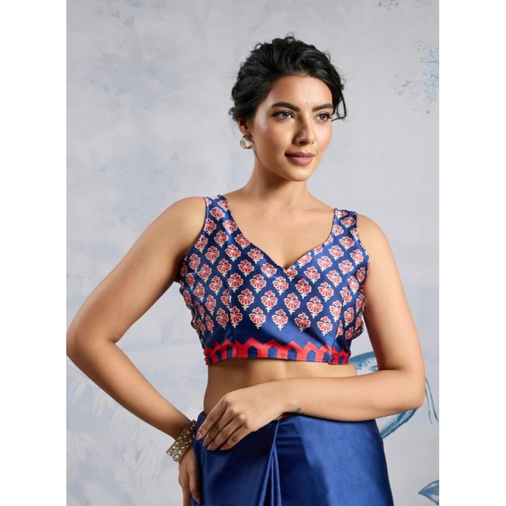 Generic Women's Satin Crepe Printed Saree With Unstitched Blouse 5.5Mtr (Blue) - VANSHELLE