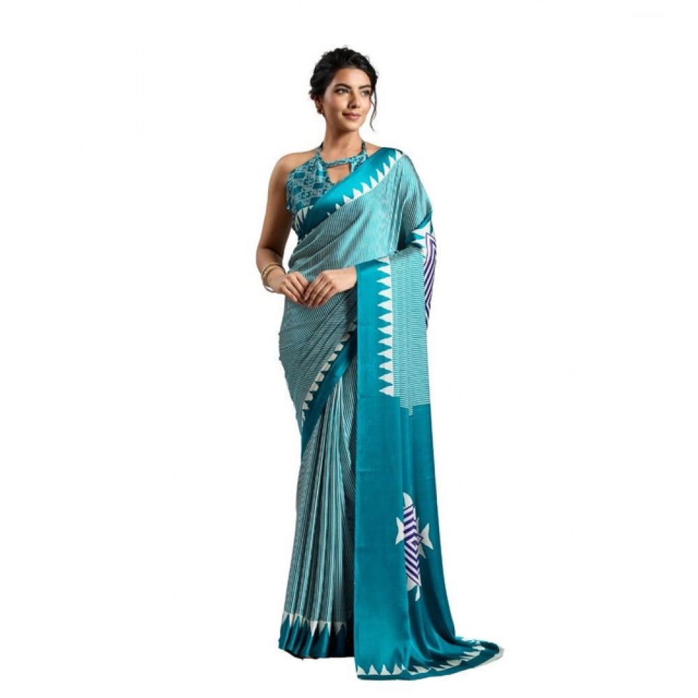 Generic Women's Satin Crepe Printed Saree With Unstitched Blouse 5.5Mtr (Rama Blue) - VANSHELLE