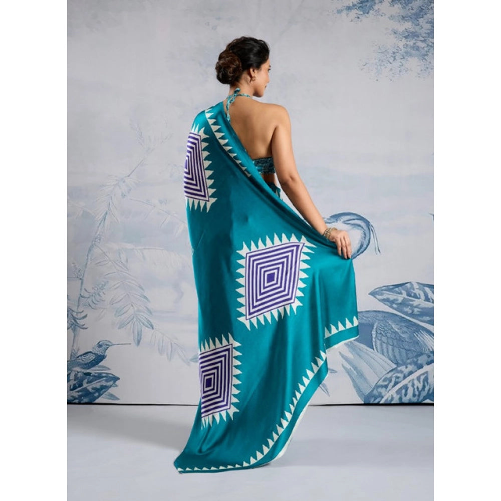 Generic Women's Satin Crepe Printed Saree With Unstitched Blouse 5.5Mtr (Rama Blue) - VANSHELLE