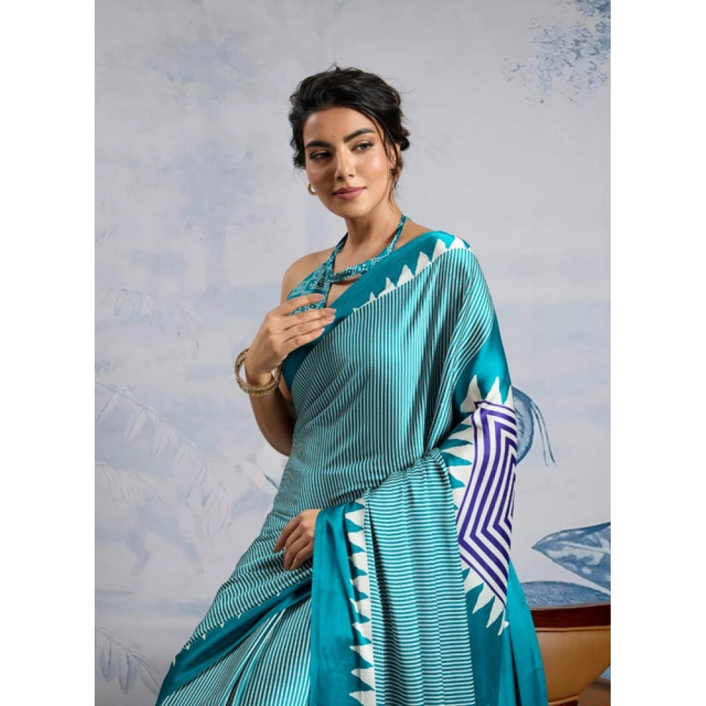 Generic Women's Satin Crepe Printed Saree With Unstitched Blouse 5.5Mtr (Rama Blue) - VANSHELLE