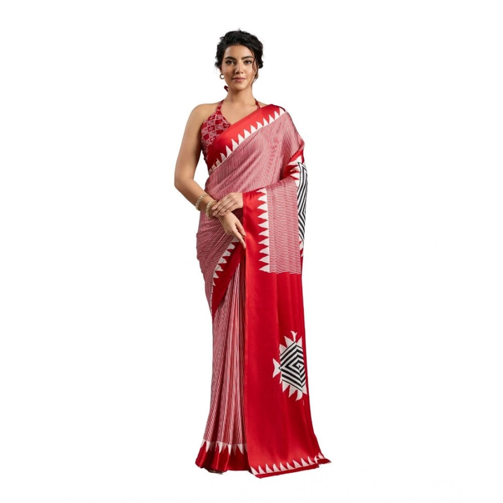 Generic Women's Satin Crepe Printed Saree With Unstitched Blouse 5.5Mtr (Red) - VANSHELLE