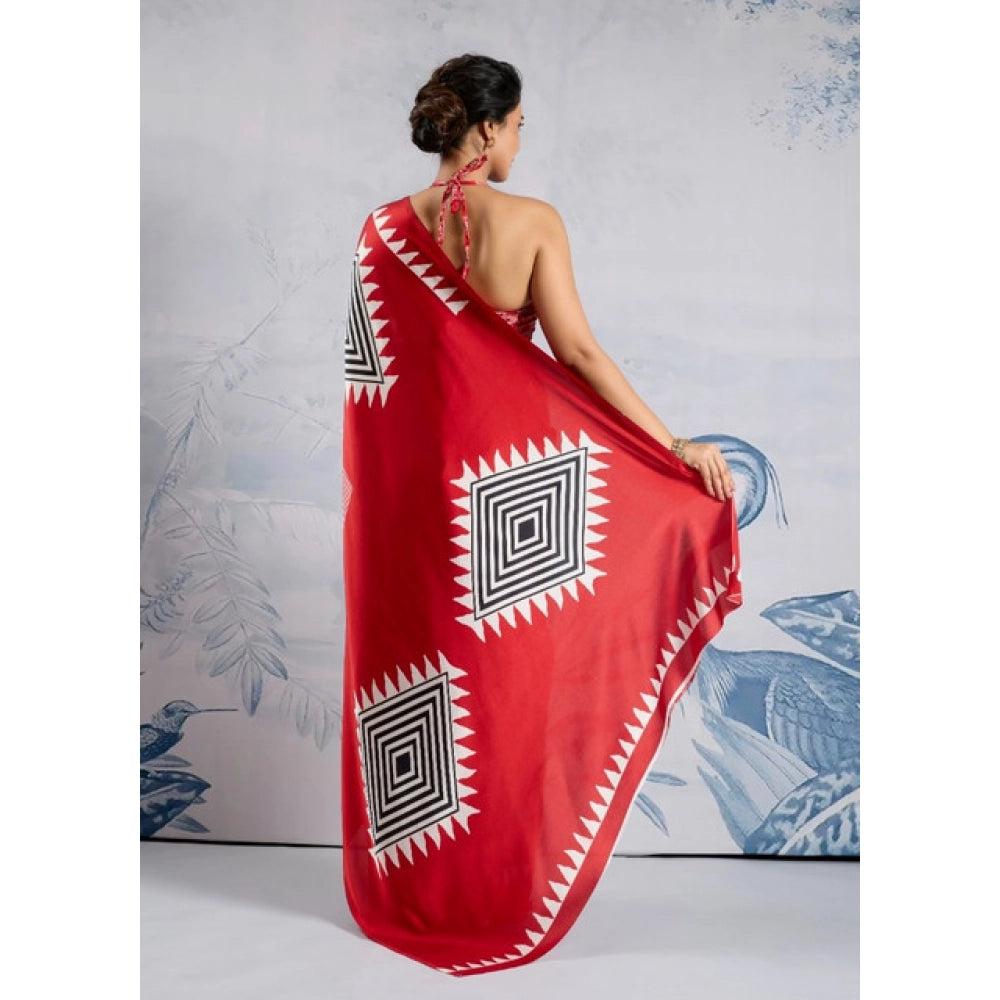 Generic Women's Satin Crepe Printed Saree With Unstitched Blouse 5.5Mtr (Red) - VANSHELLE
