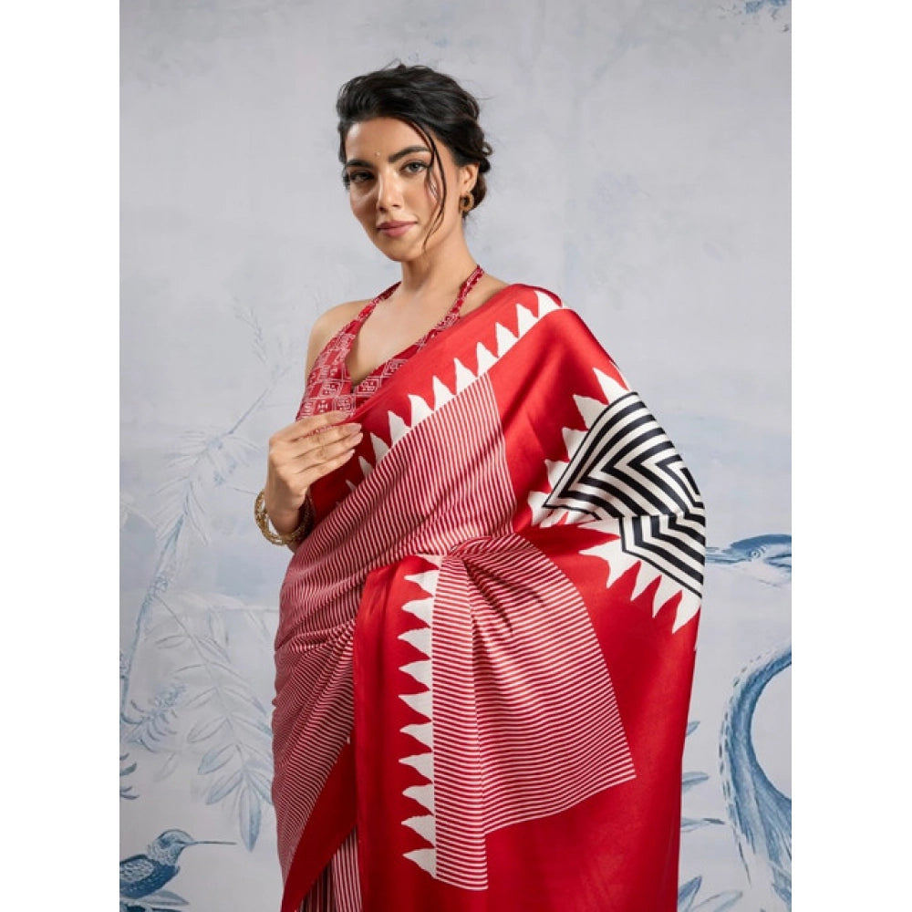 Generic Women's Satin Crepe Printed Saree With Unstitched Blouse 5.5Mtr (Red) - VANSHELLE