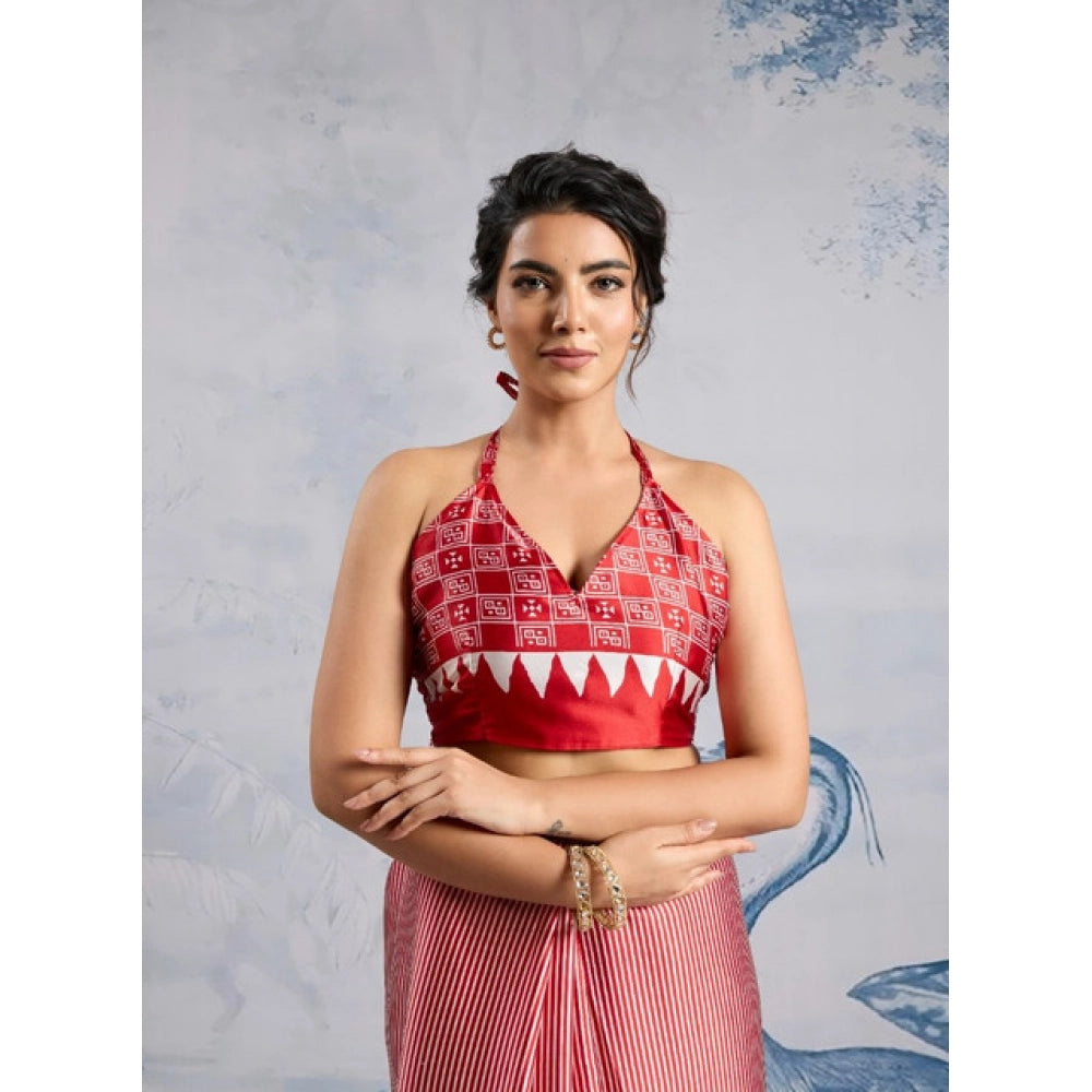 Generic Women's Satin Crepe Printed Saree With Unstitched Blouse 5.5Mtr (Red) - VANSHELLE