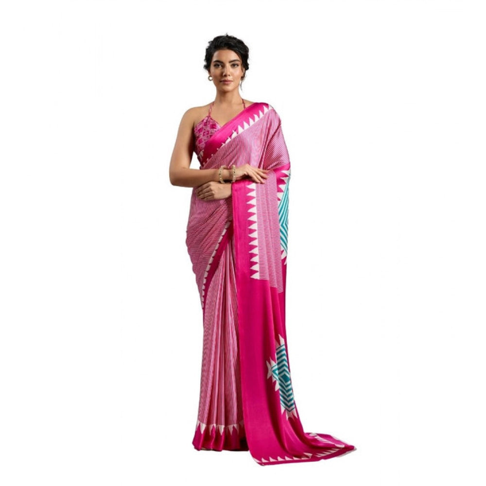 Generic Women's Satin Crepe Printed Saree With Unstitched Blouse 5.5Mtr (Pink) - VANSHELLE