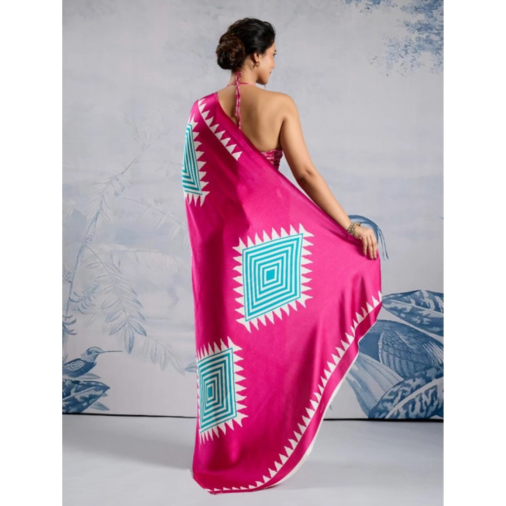 Generic Women's Satin Crepe Printed Saree With Unstitched Blouse 5.5Mtr (Pink) - VANSHELLE