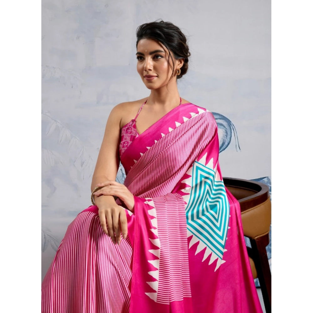 Generic Women's Satin Crepe Printed Saree With Unstitched Blouse 5.5Mtr (Pink) - VANSHELLE