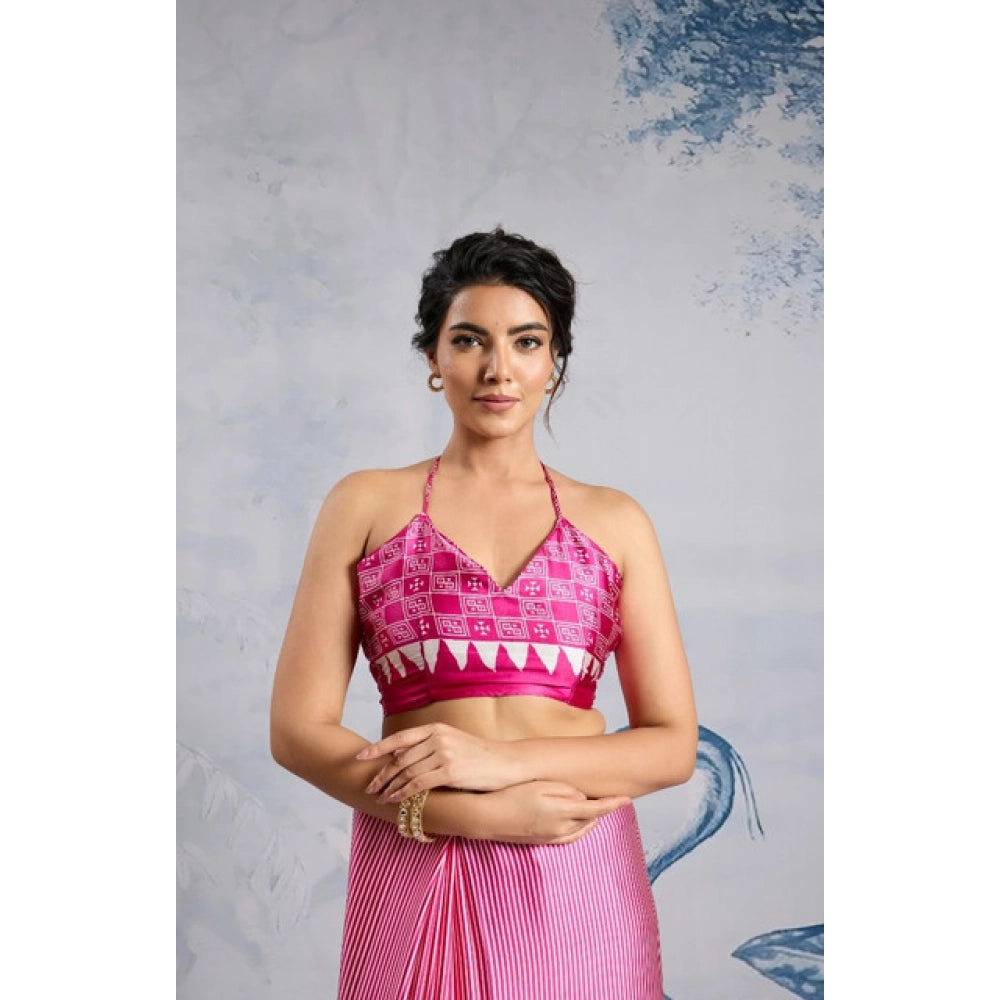 Generic Women's Satin Crepe Printed Saree With Unstitched Blouse 5.5Mtr (Pink) - VANSHELLE