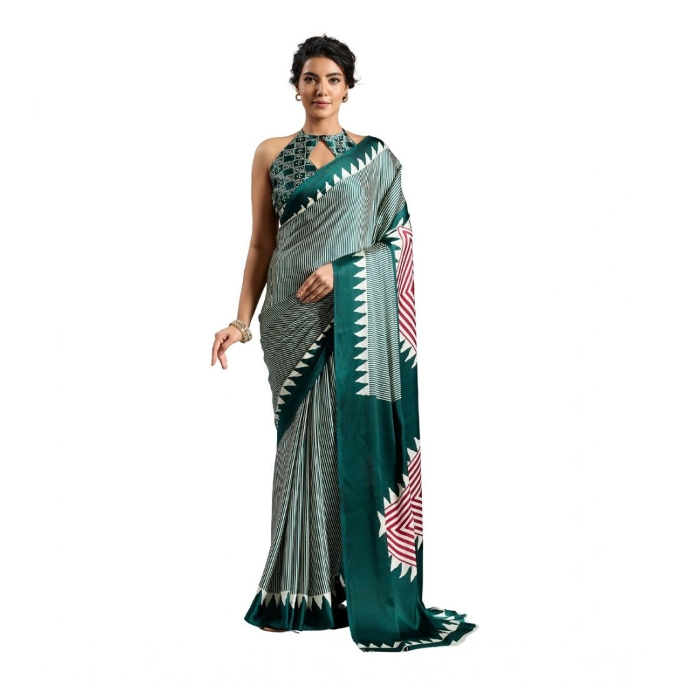 Generic Women's Satin Crepe Printed Saree With Unstitched Blouse 5.5Mtr (Green) - VANSHELLE