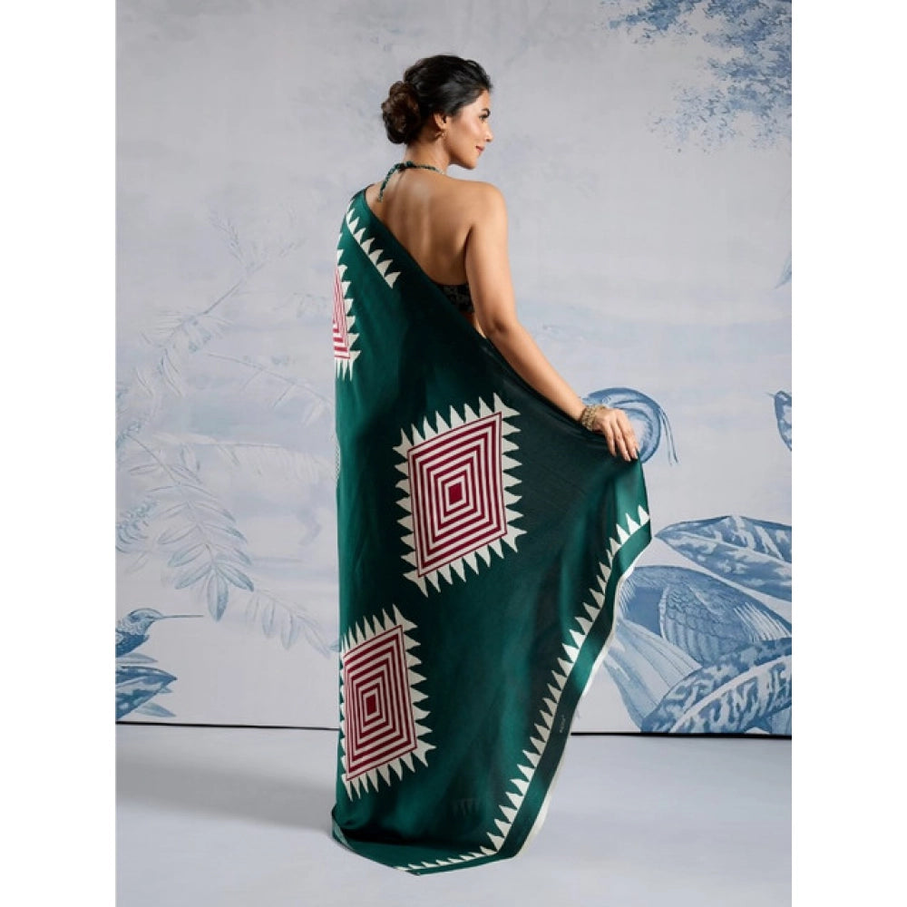 Generic Women's Satin Crepe Printed Saree With Unstitched Blouse 5.5Mtr (Green) - VANSHELLE