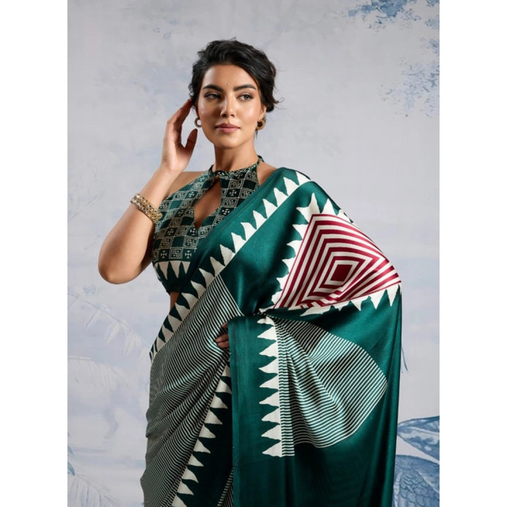 Generic Women's Satin Crepe Printed Saree With Unstitched Blouse 5.5Mtr (Green) - VANSHELLE